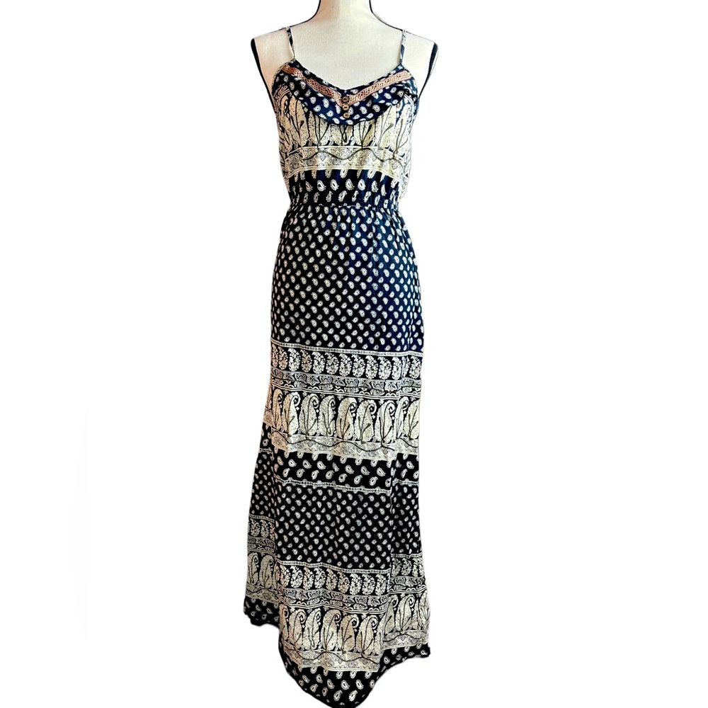 Boho Gypsy 100% Cotton Paisley Print Maxi Dress Stretch Waist Ruffle XS/S